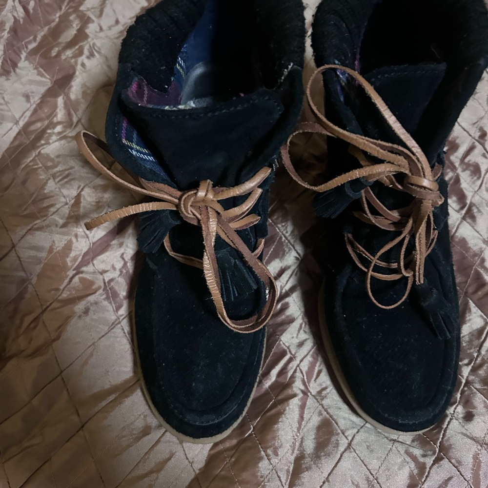Women’s black Suede Lace-Up Ankle Boots with Tan Laces